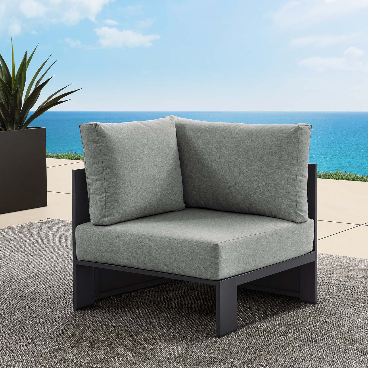 Tahlor Alfresco Powder-Coated Aluminum Corner Chair | Outdoor Modular Sectional Component, Gray
