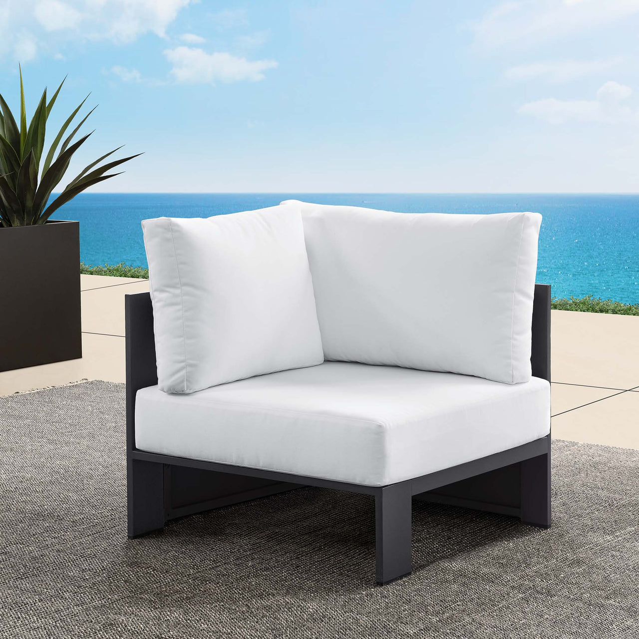 Tahlor Alfresco Powder-Coated Aluminum Corner Chair | Outdoor Modular Sectional Component, Gray & White