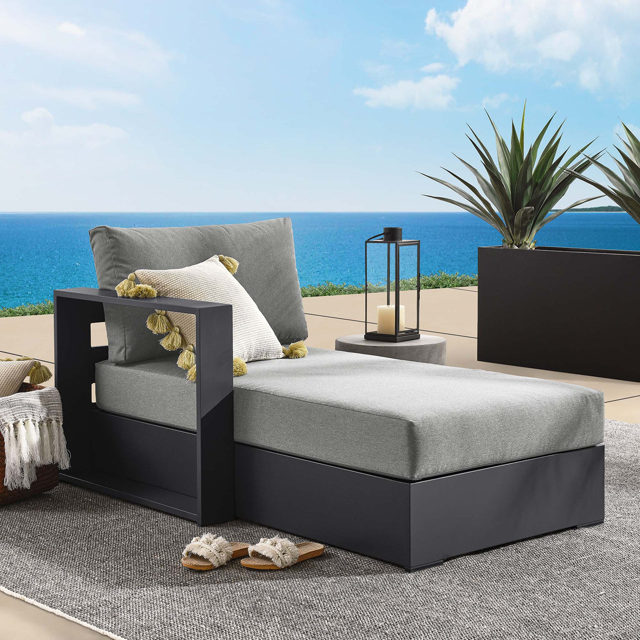 Tahlor Alfresco Powder-Coated Aluminum Left-Facing Chaise Lounge | Outdoor Modular Sectional Component, Gray & Charcoal