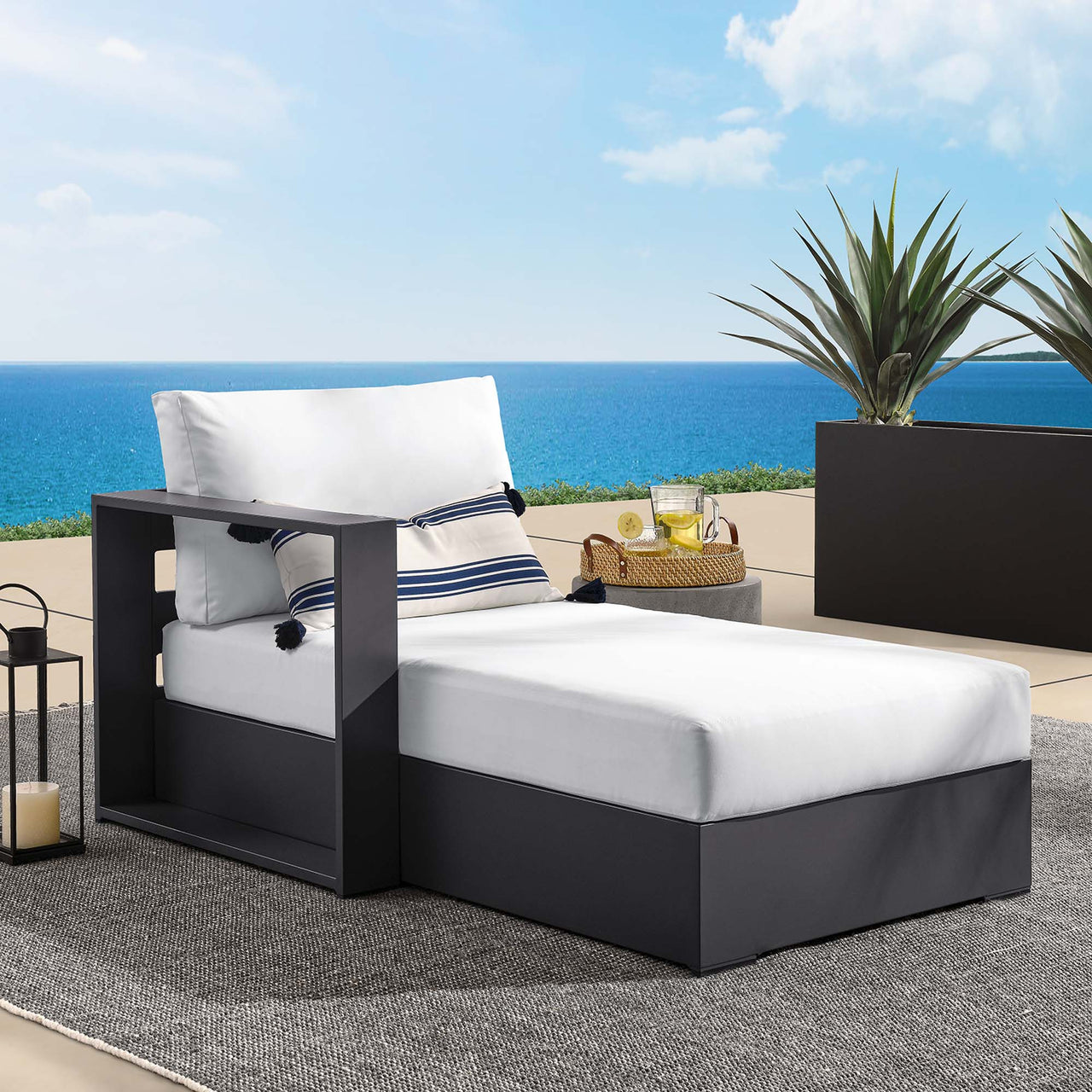 Tahlor Alfresco Powder-Coated Aluminum Left-Facing Chaise Lounge | Outdoor Modular Sectional Component, Gray & White