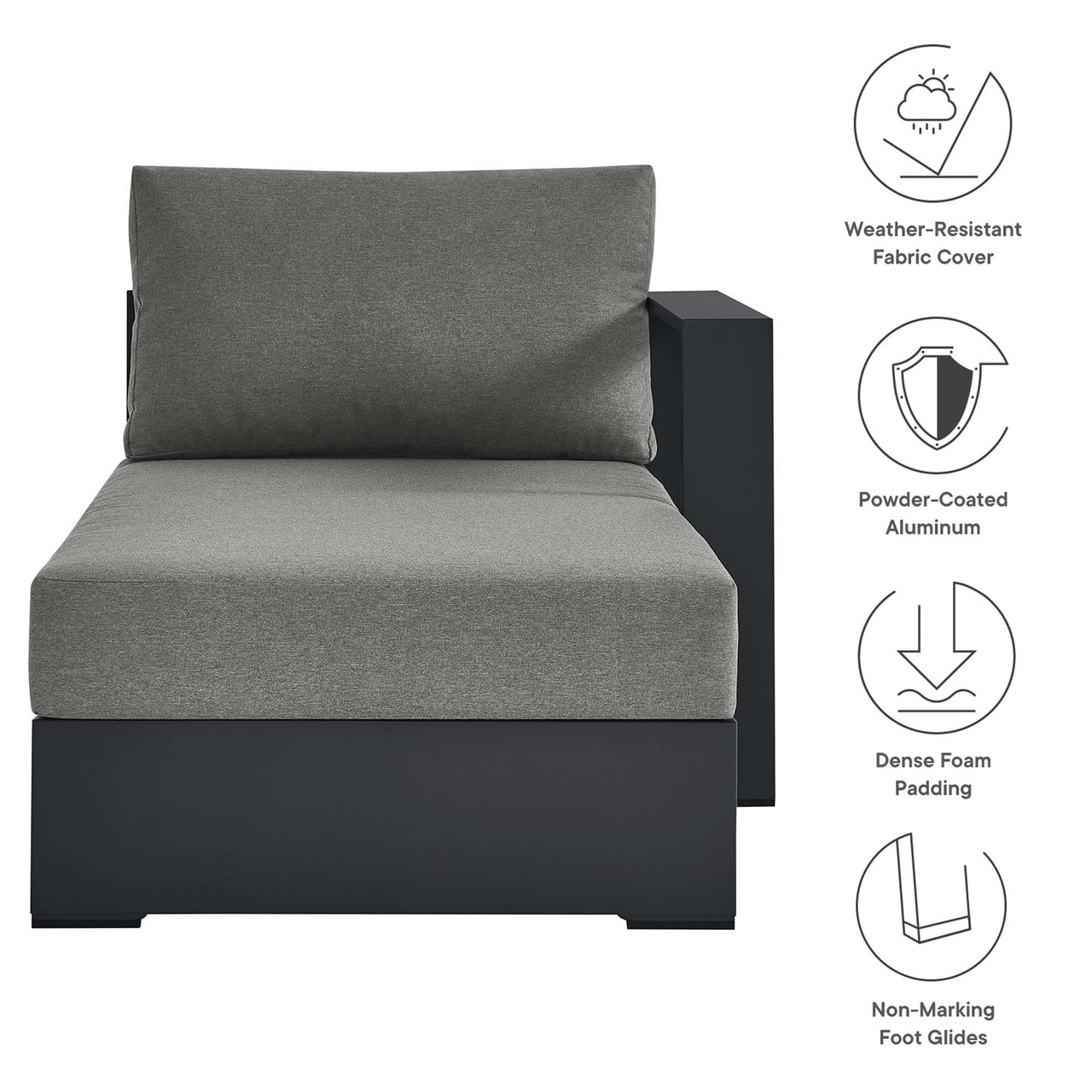 Tahlor Alfresco Powder-Coated Aluminum Right-Facing Chaise Lounge | Outdoor Modular Sectional Component, Gray & Charcoal