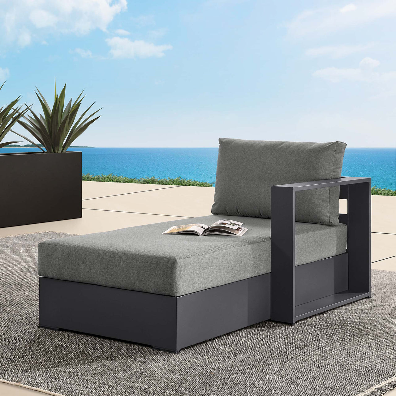 Tahlor Alfresco Powder-Coated Aluminum Right-Facing Chaise Lounge | Outdoor Modular Sectional Component, Gray & Charcoal
