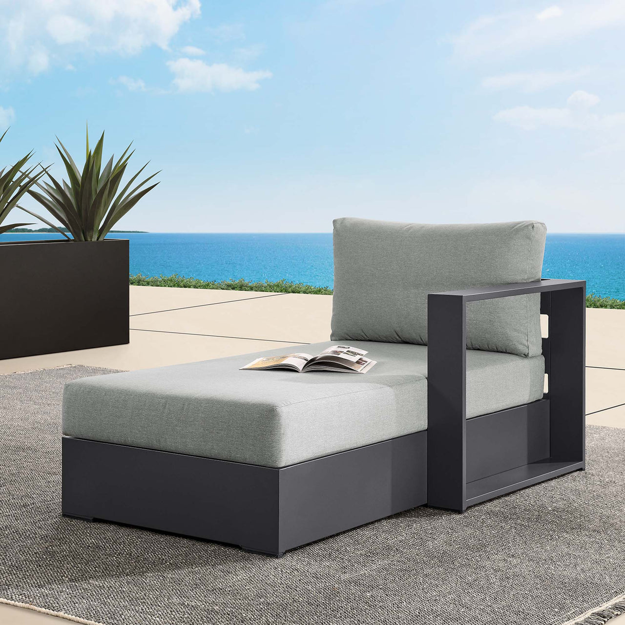 Tahlor Alfresco Powder-Coated Aluminum Right-Facing Chaise Lounge | Outdoor Modular Sectional Component, Gray