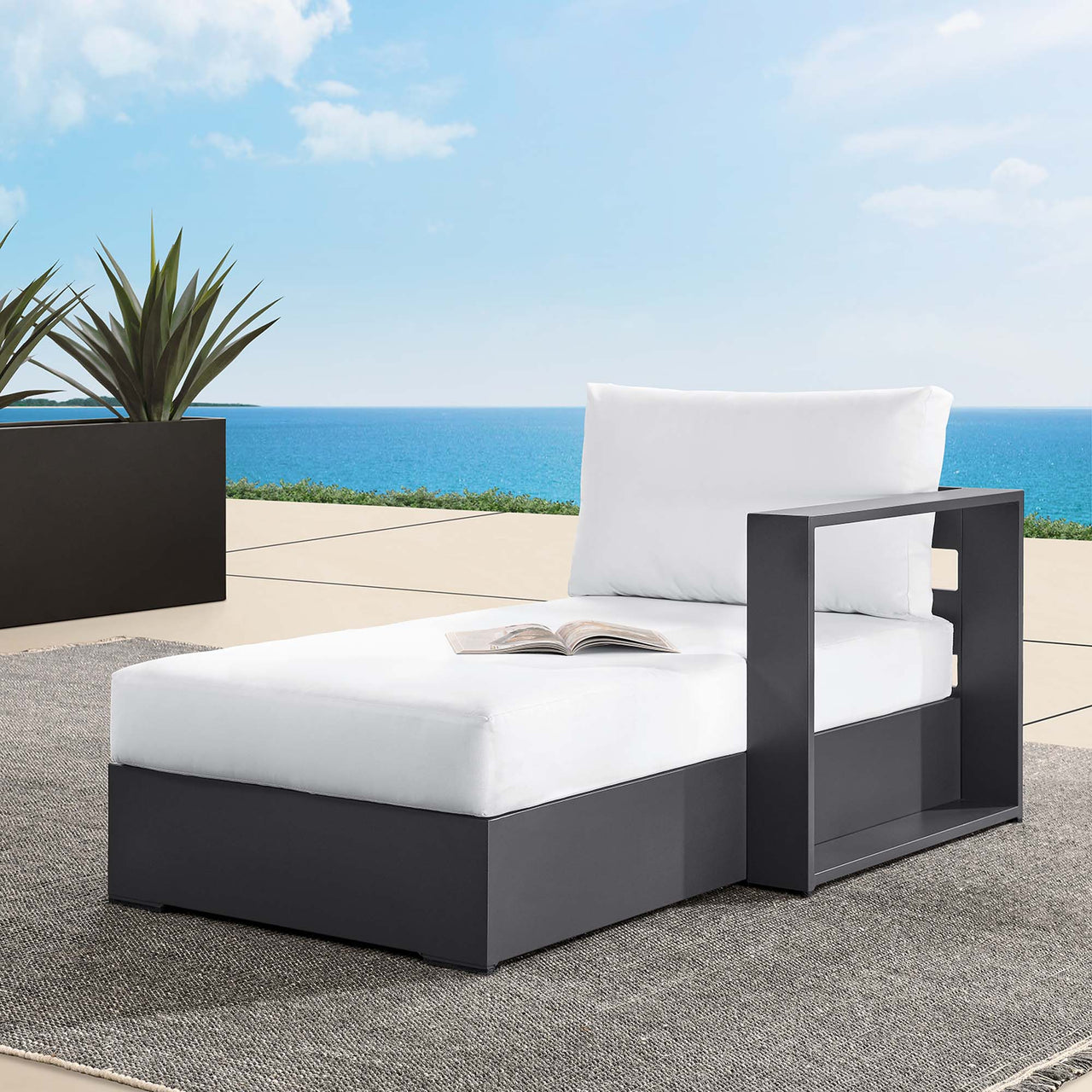 Tahlor Alfresco Powder-Coated Aluminum Right-Facing Chaise Lounge | Outdoor Modular Sectional Component, Gray & White