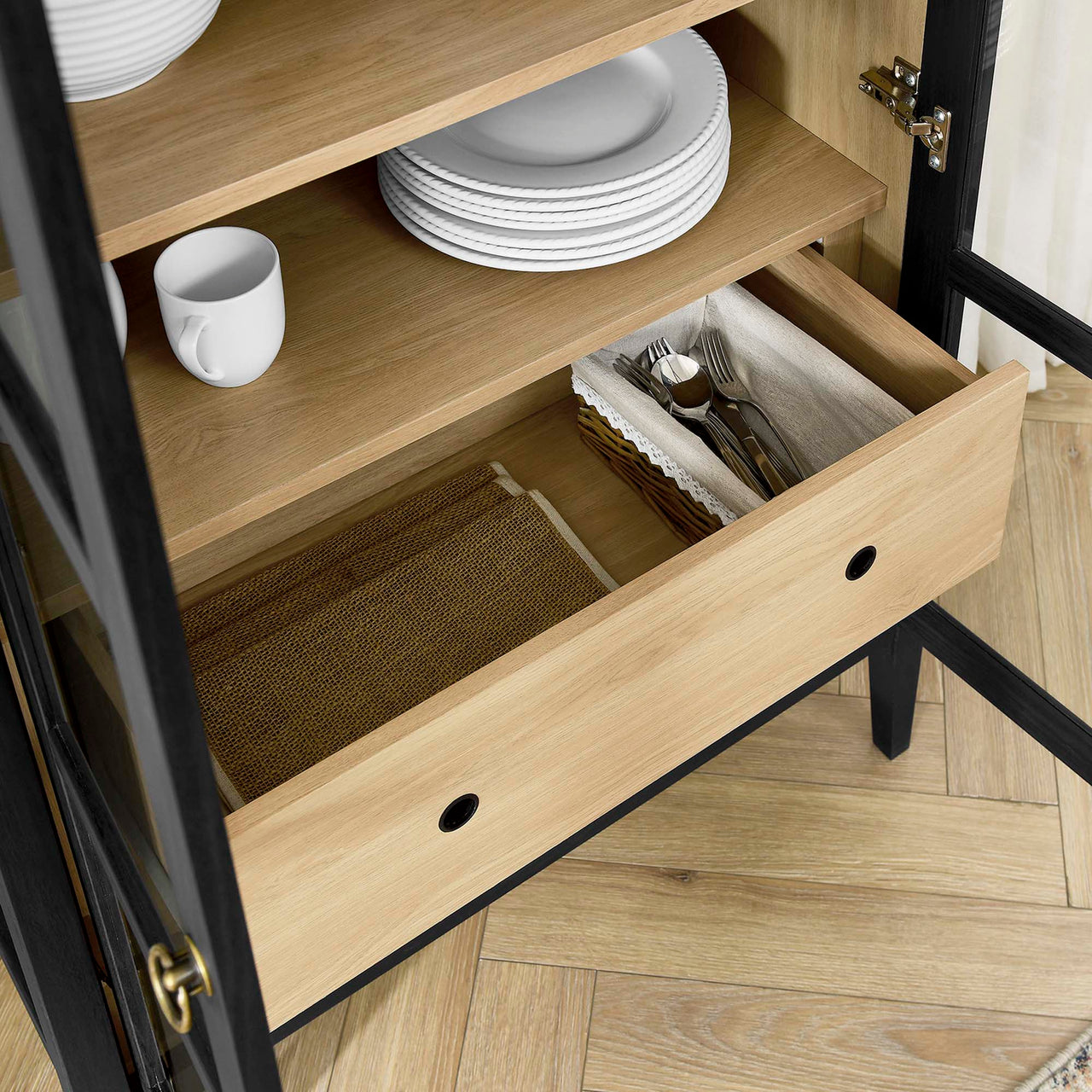 Althene Tall Rounded Display Cabinet, Black & Oak