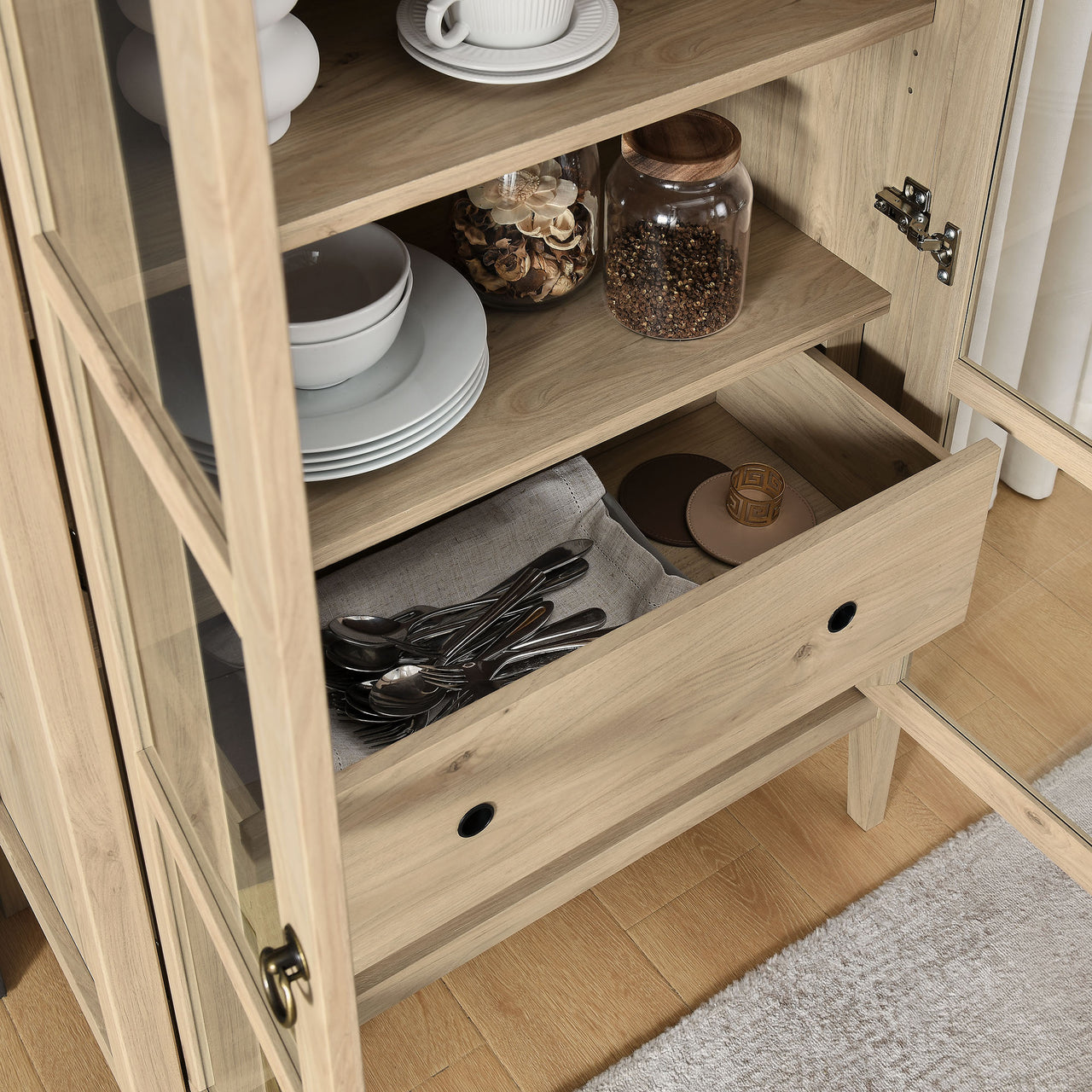 Althene Tall Rounded Display Cabinet, Light Oak
