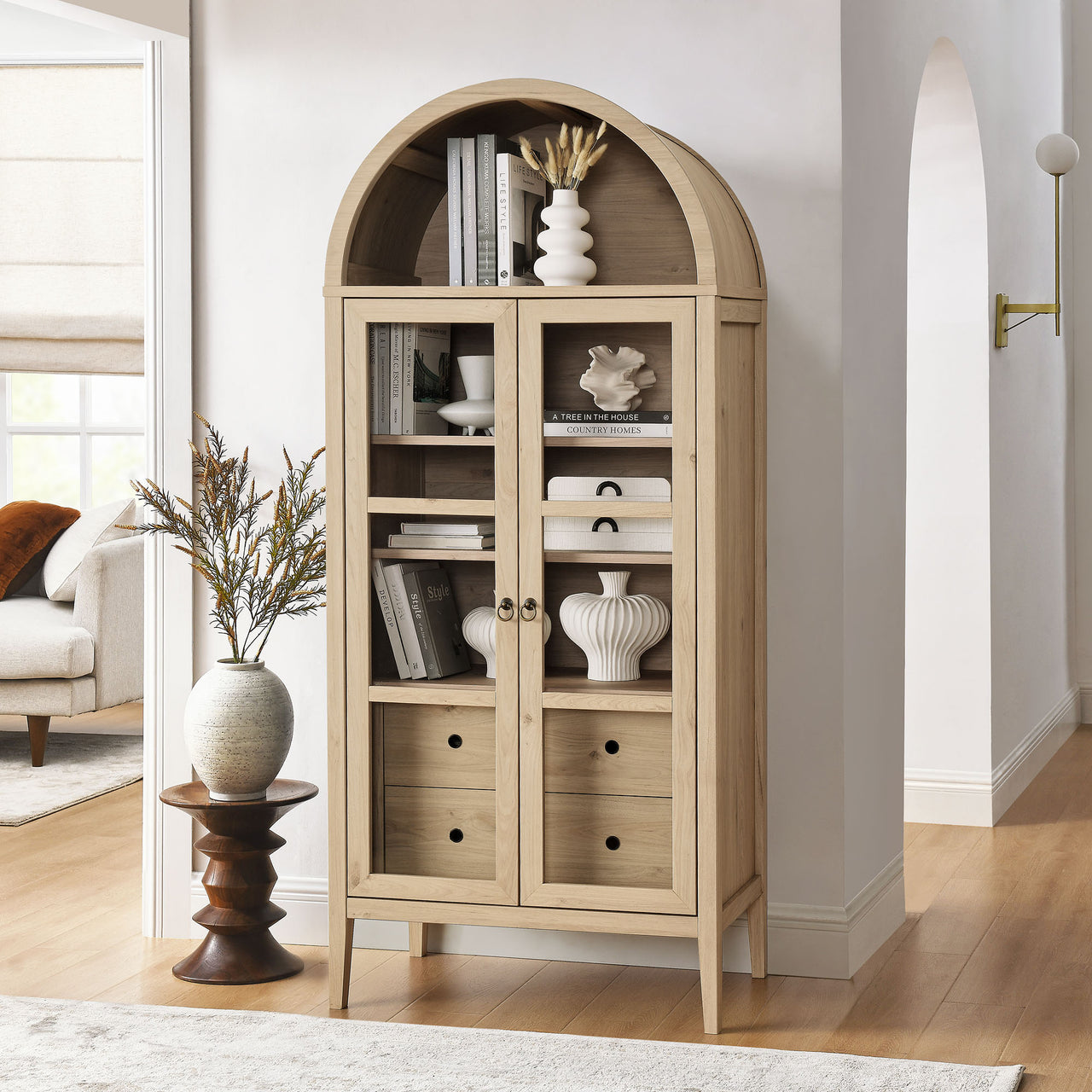 Althene Tall Rounded Display Cabinet, Light Oak