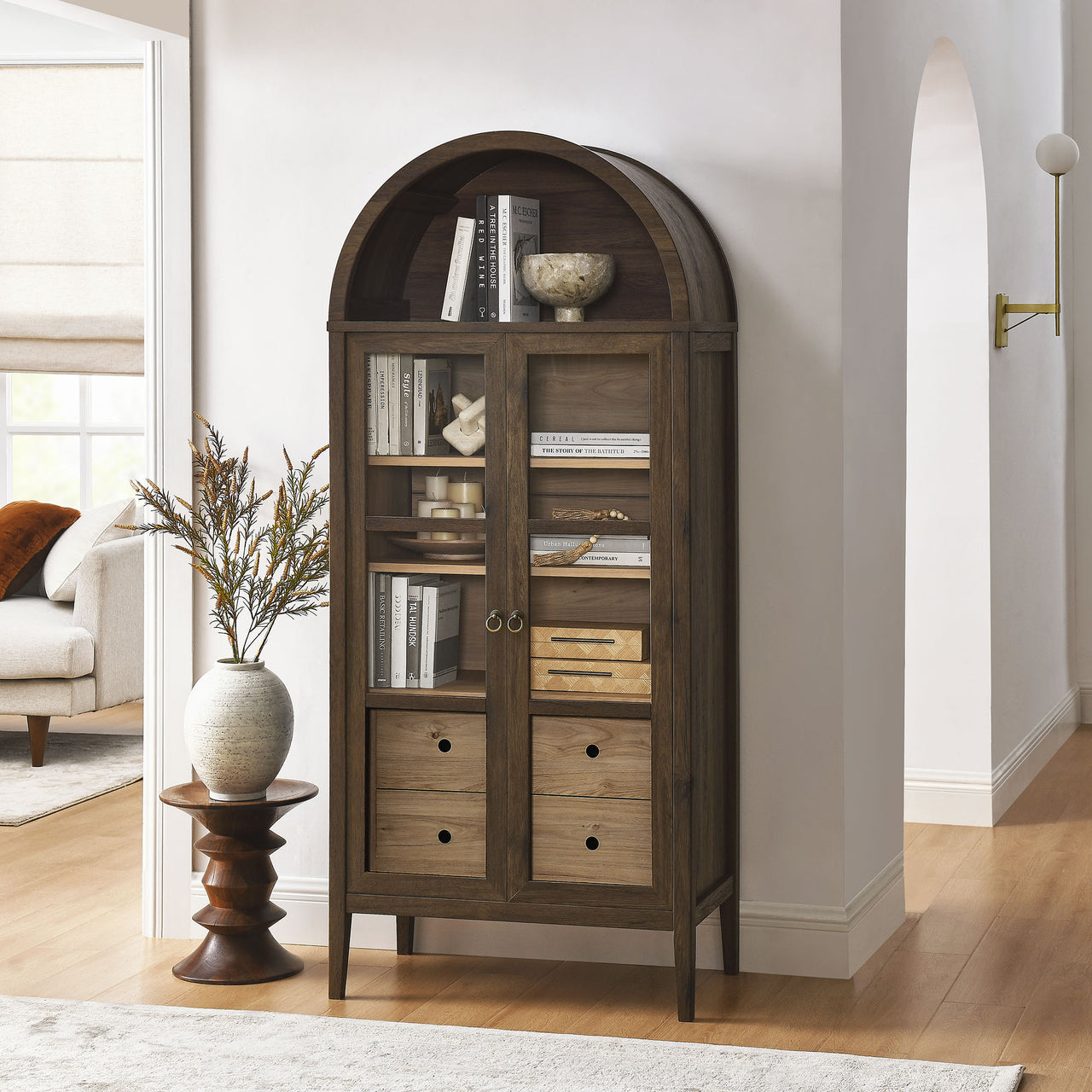 Althene Tall Rounded Display Cabinet, Walnut & Cream