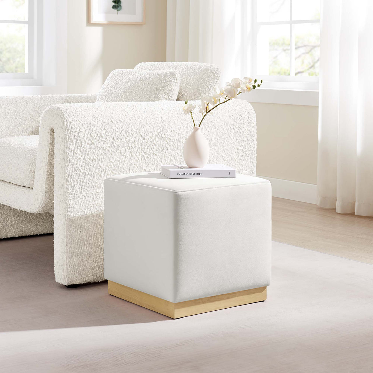 Ardena Square Velvet Ottoman, Small, Chalk & Cream
