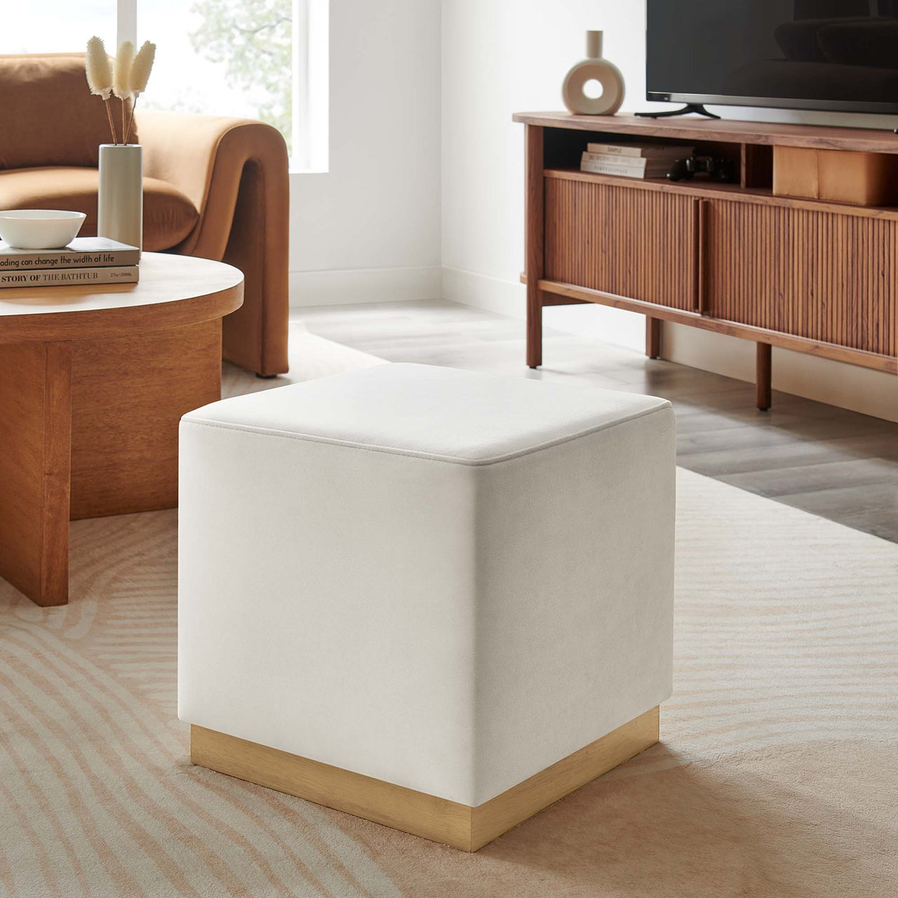 Ardena Square Velvet Ottoman, Small, Chalk & Cream