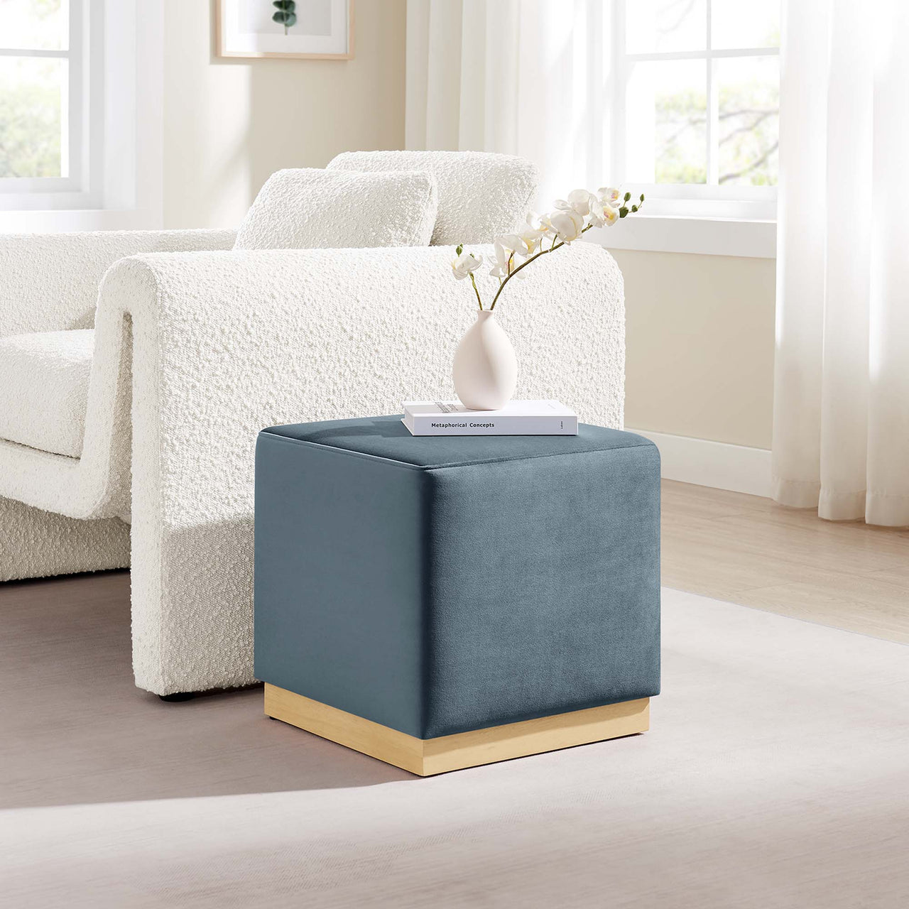 Ardena Square Velvet Ottoman, Small, Slate & Cream