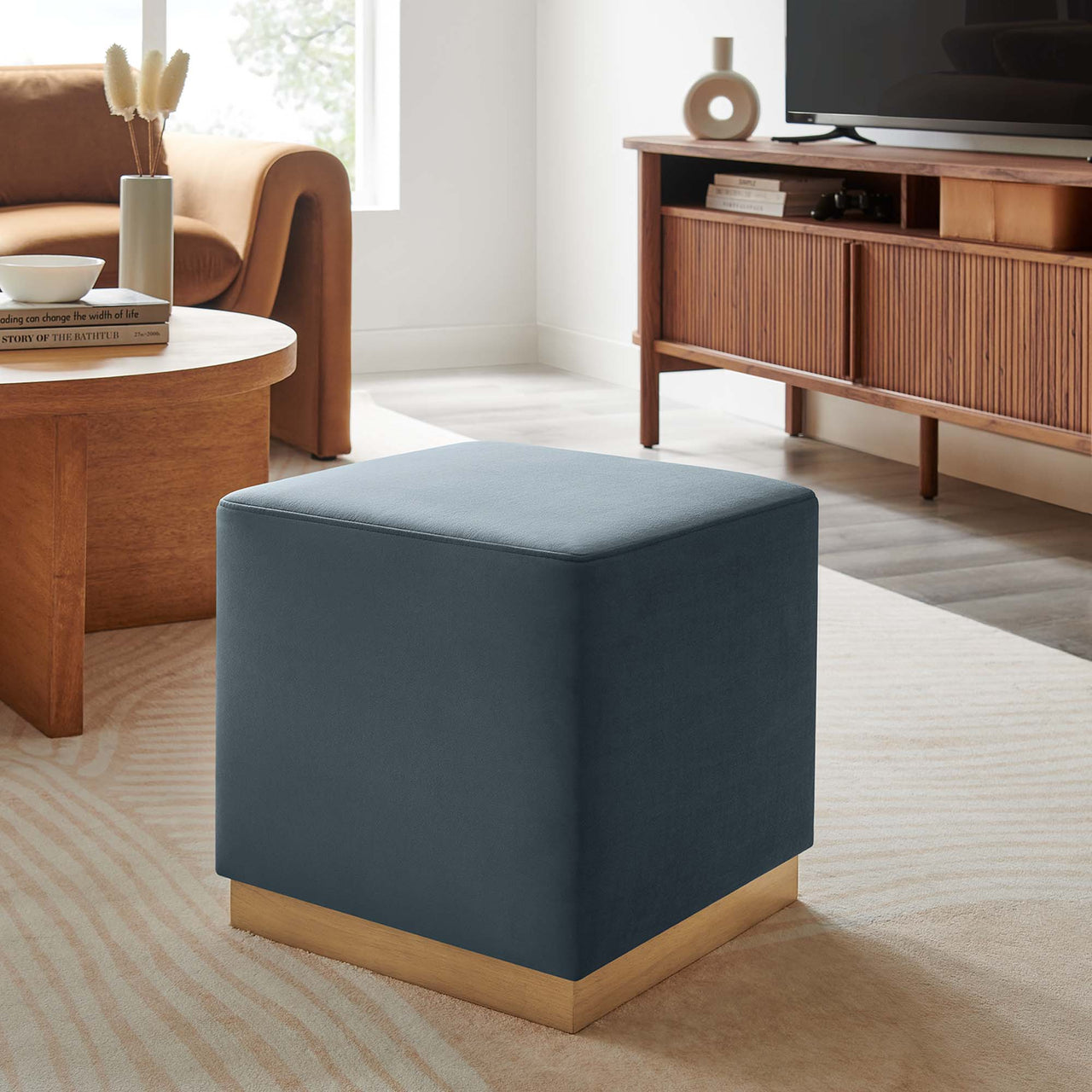 Ardena Square Velvet Ottoman, Small, Slate & Cream