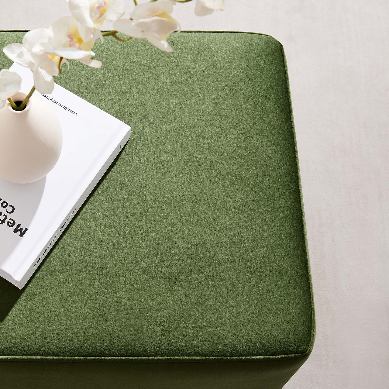 Ardena Square Velvet Ottoman, Small, Basil & Cream