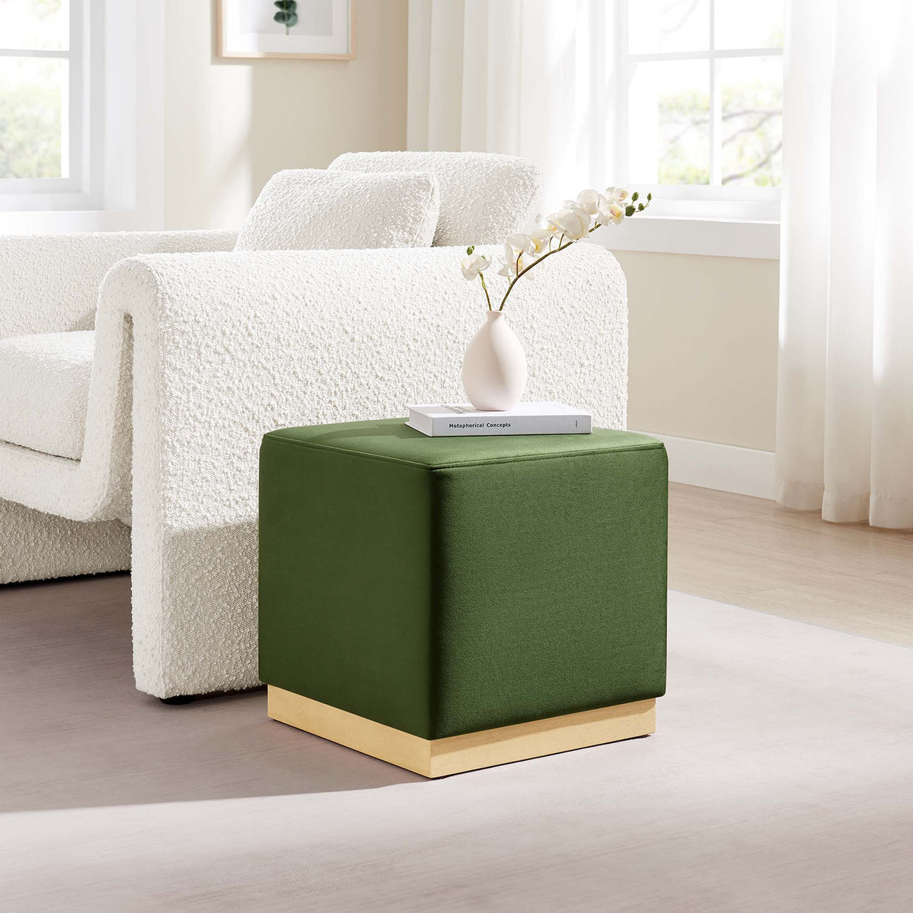 Ardena Square Velvet Ottoman, Small, Basil & Cream
