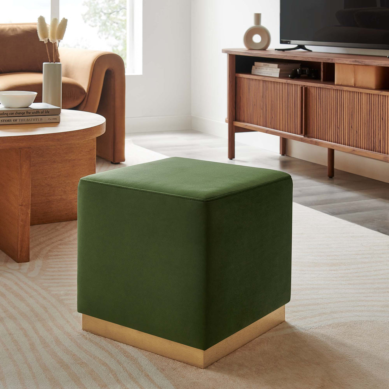 Ardena Square Velvet Ottoman, Small, Basil & Cream