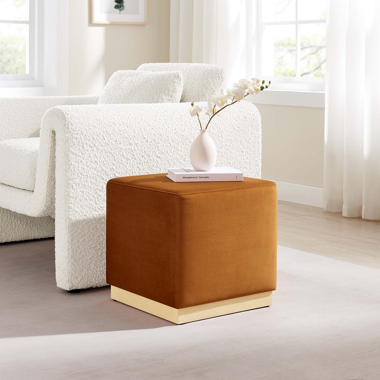 Ardena Square Velvet Ottoman, Small, Terracotta & Cream