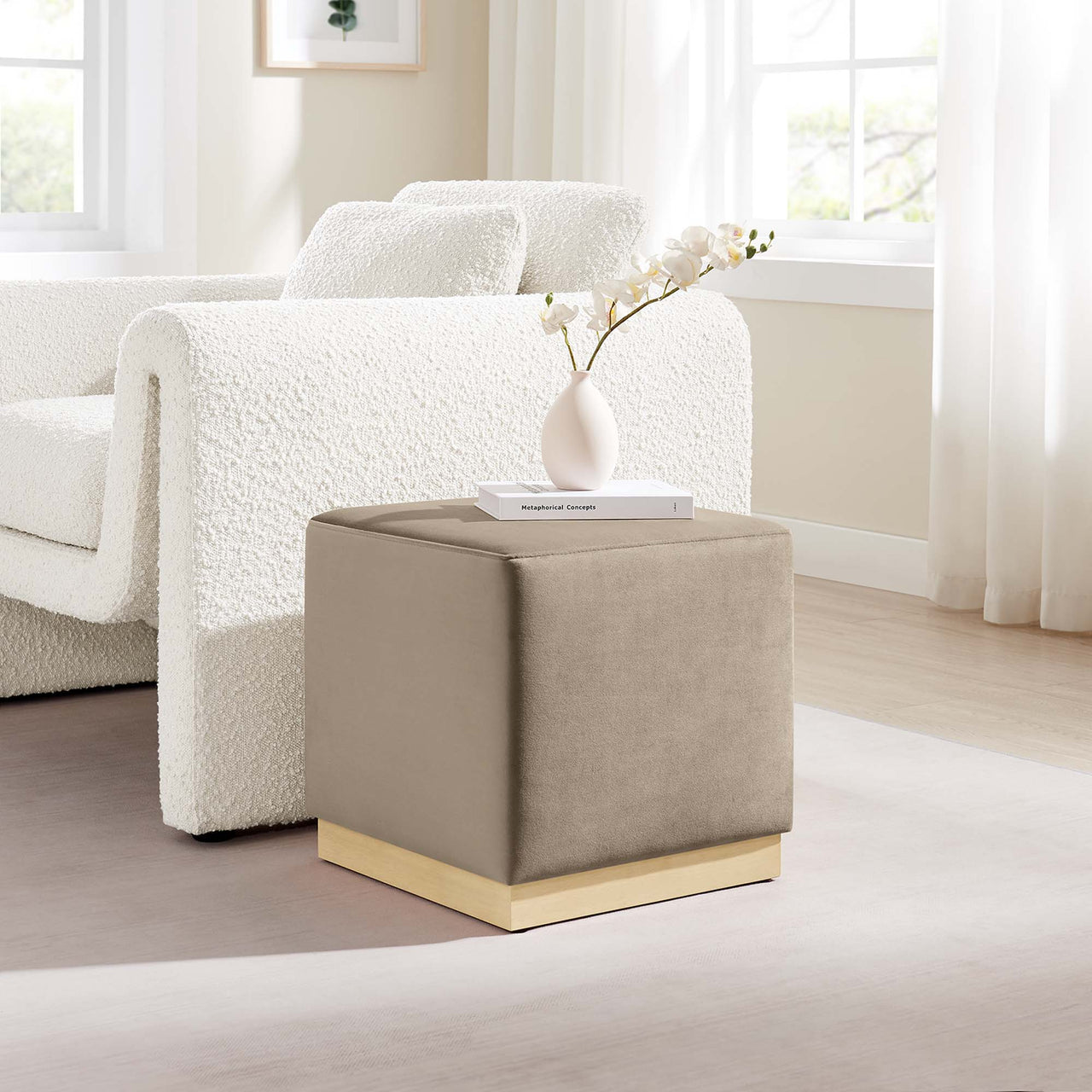 Ardena Square Velvet Ottoman, Small, Taupe & Cream