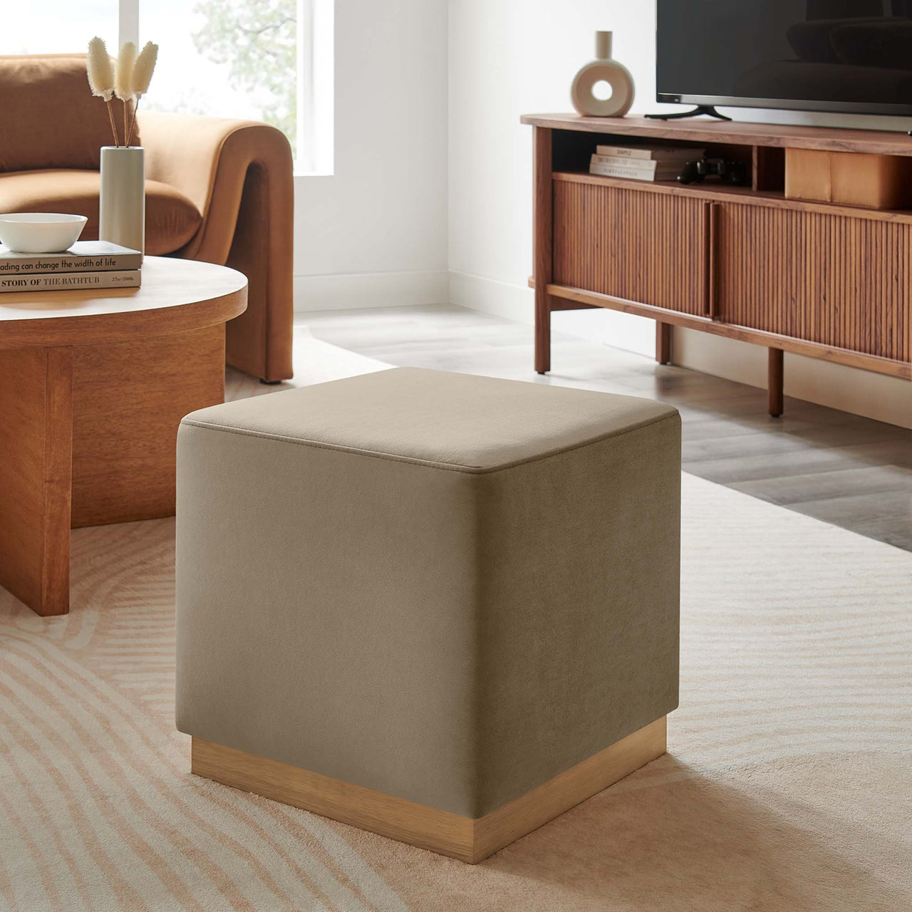 Ardena Square Velvet Ottoman, Small, Taupe & Cream