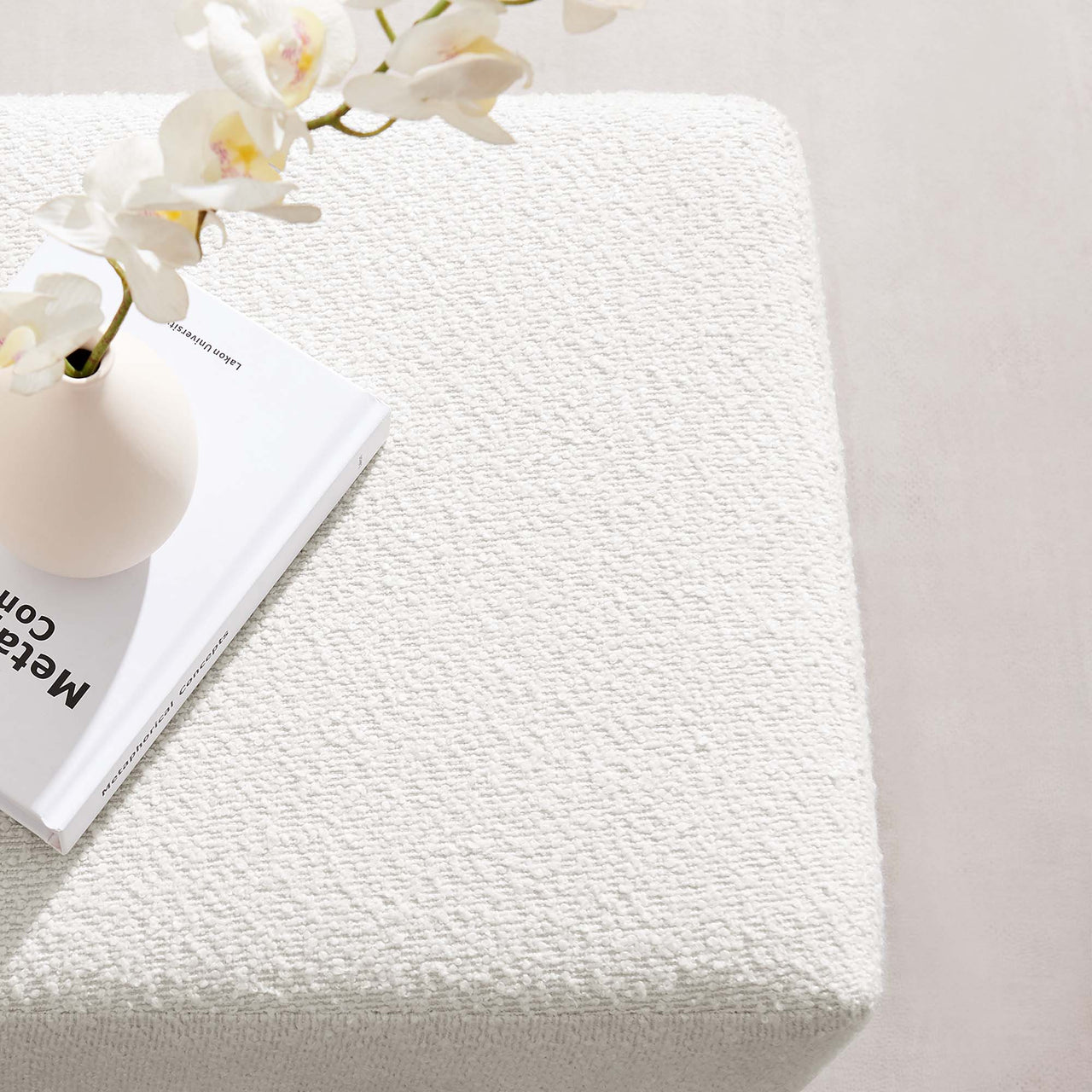 Ardena Square Boucle Ottoman, Small, Ivory & Walnut