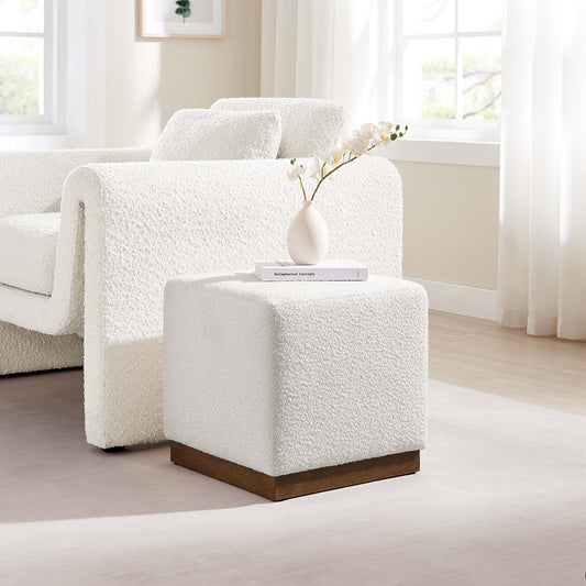 Ardena Square Boucle Ottoman, Small, Ivory & Walnut