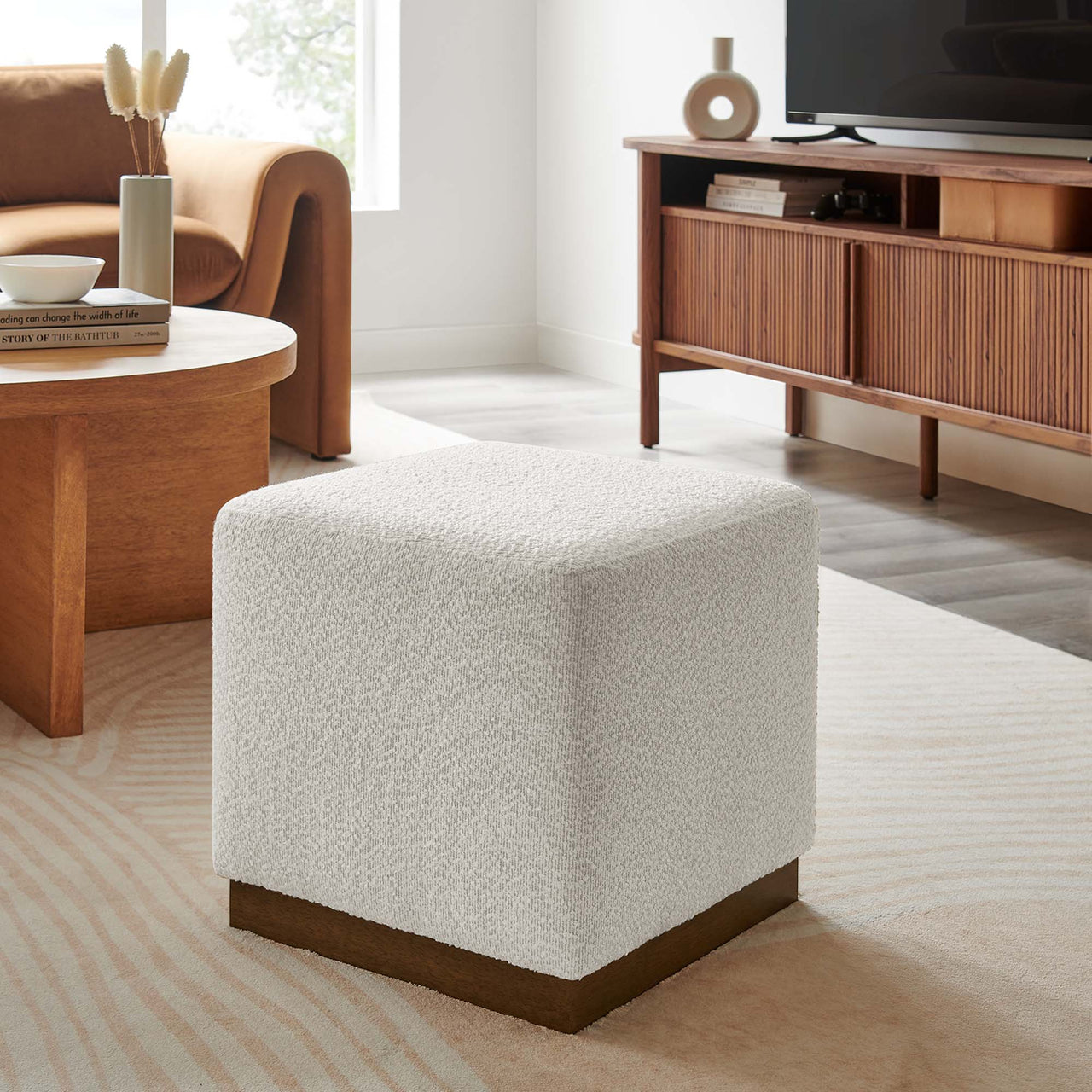 Ardena Square Boucle Ottoman, Small, Ivory & Walnut