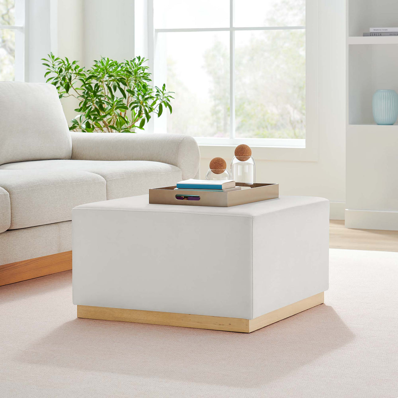 Ardena Square Velvet Ottoman, Large, Chalk & Cream