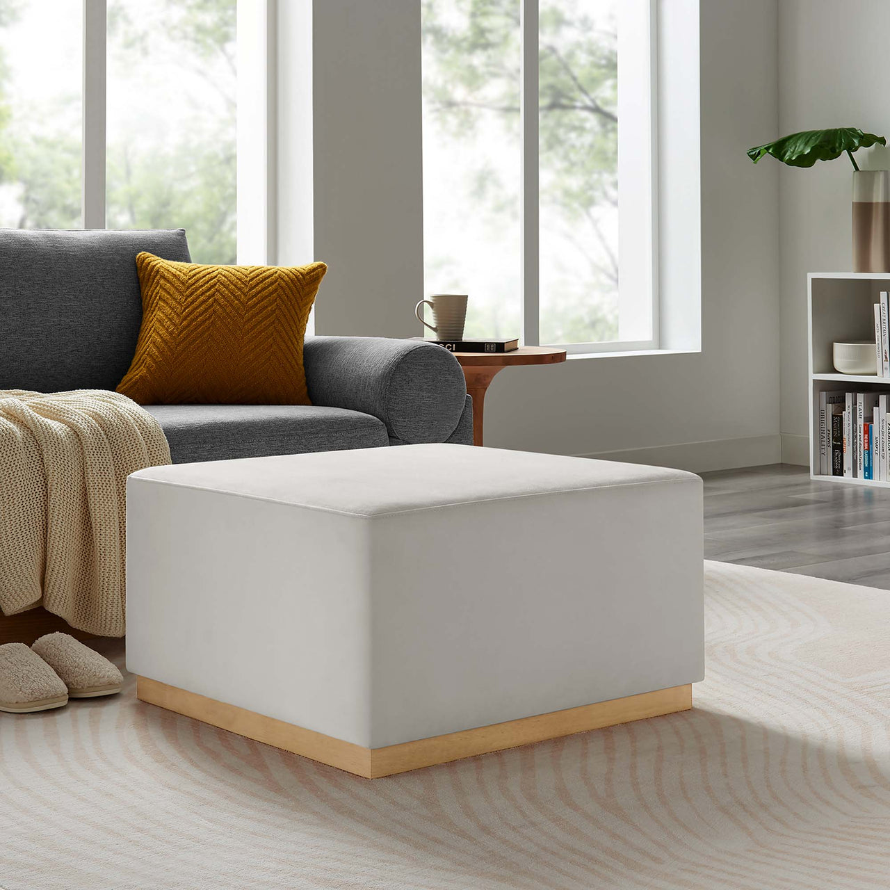 Ardena Square Velvet Ottoman, Large, Chalk & Cream