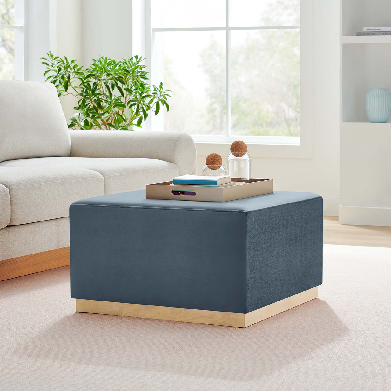 Ardena Square Velvet Ottoman, Large, Slate & Cream