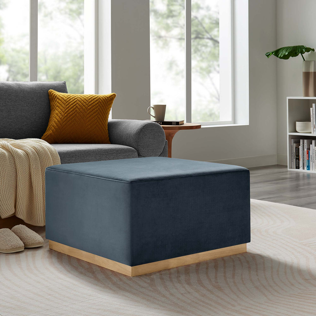 Ardena Square Velvet Ottoman, Large, Slate & Cream