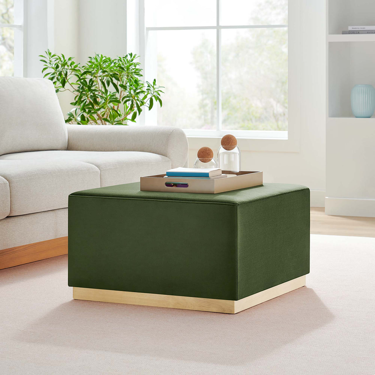 Ardena Square Velvet Ottoman, Large, Basil & Cream