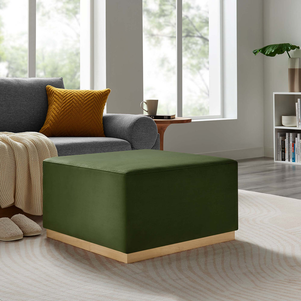 Ardena Square Velvet Ottoman, Large, Basil & Cream