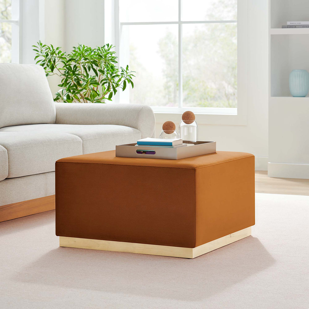 Ardena Square Velvet Ottoman, Large, Terracotta & Cream