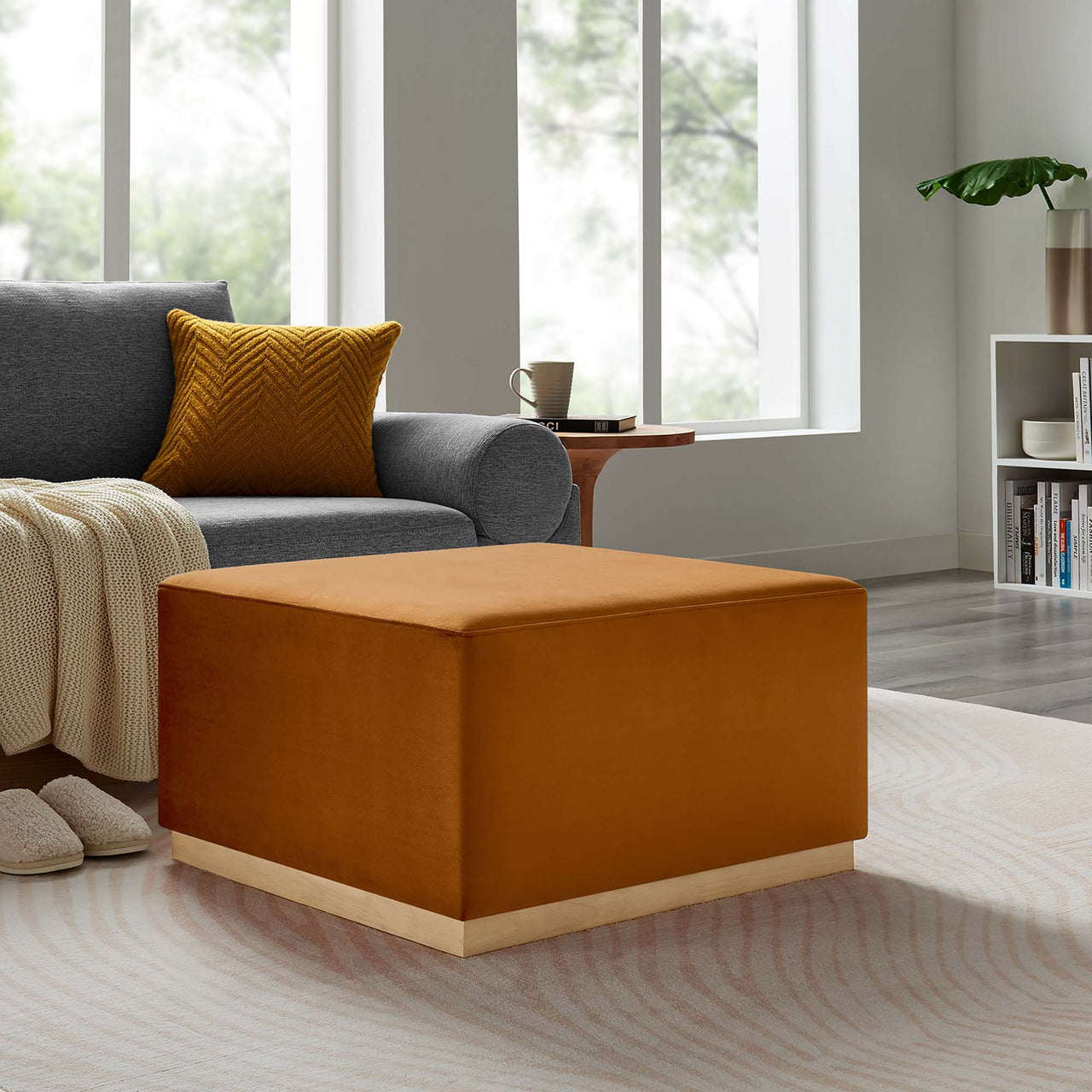 Ardena Square Velvet Ottoman, Large, Terracotta & Cream