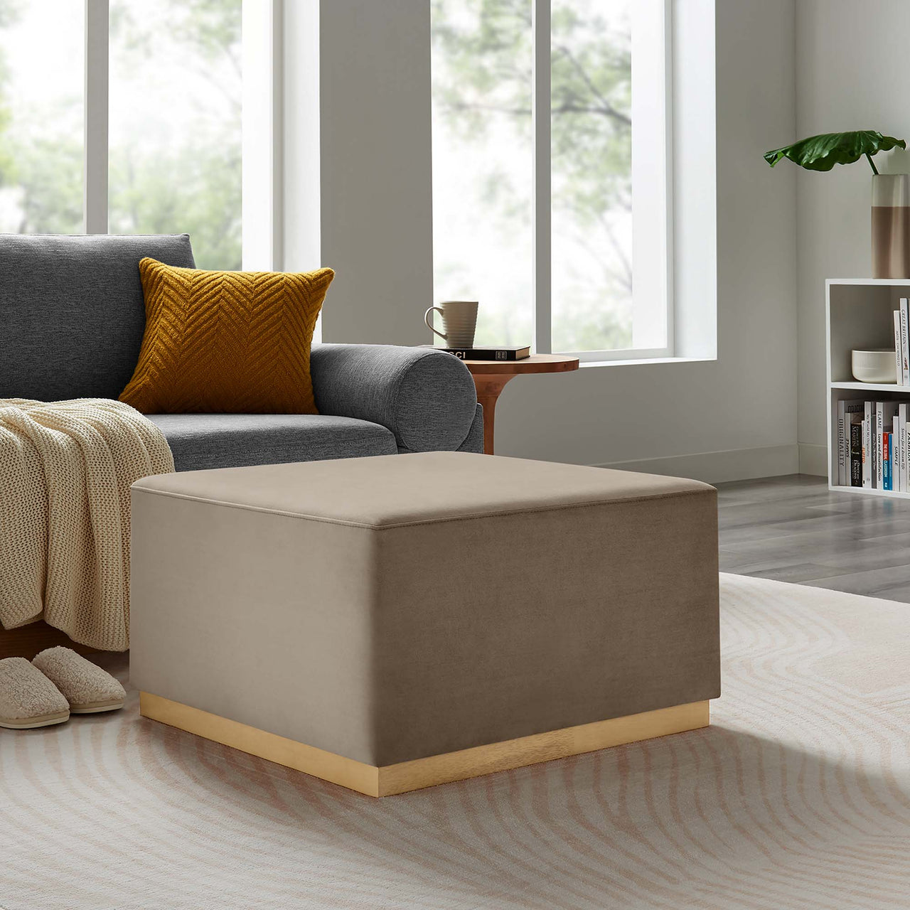 Ardena Square Velvet Ottoman, Large, Taupe & Cream
