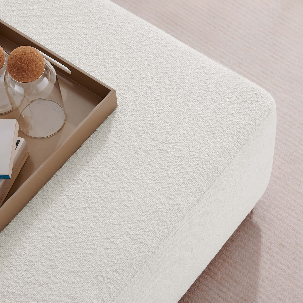 Ardena Square Boucle Ottoman, Large, Ivory & Walnut