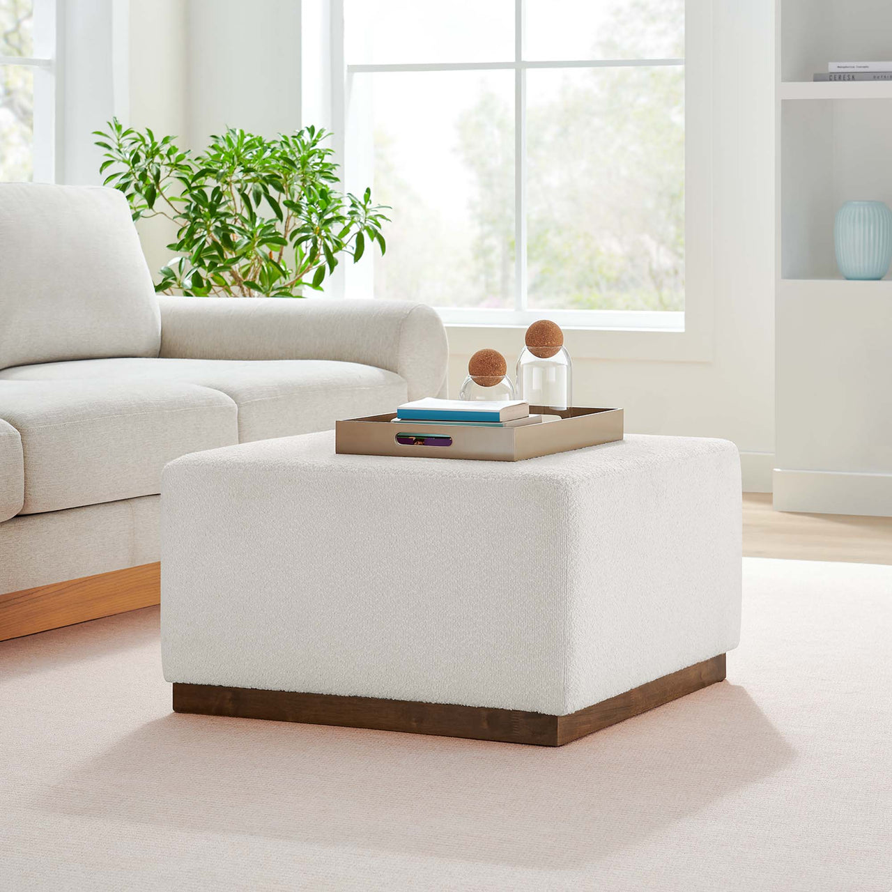 Ardena Square Boucle Ottoman, Large, Ivory & Walnut