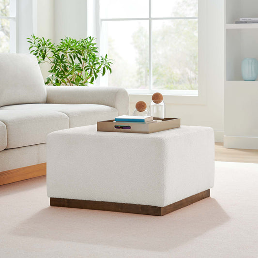 Ardena Square Boucle Ottoman, Large, Ivory & Walnut