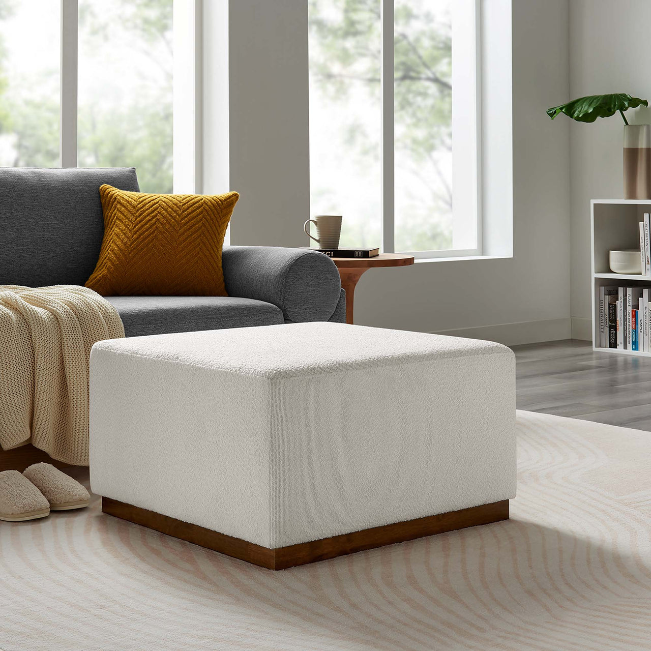 Ardena Square Boucle Ottoman, Large, Ivory & Walnut
