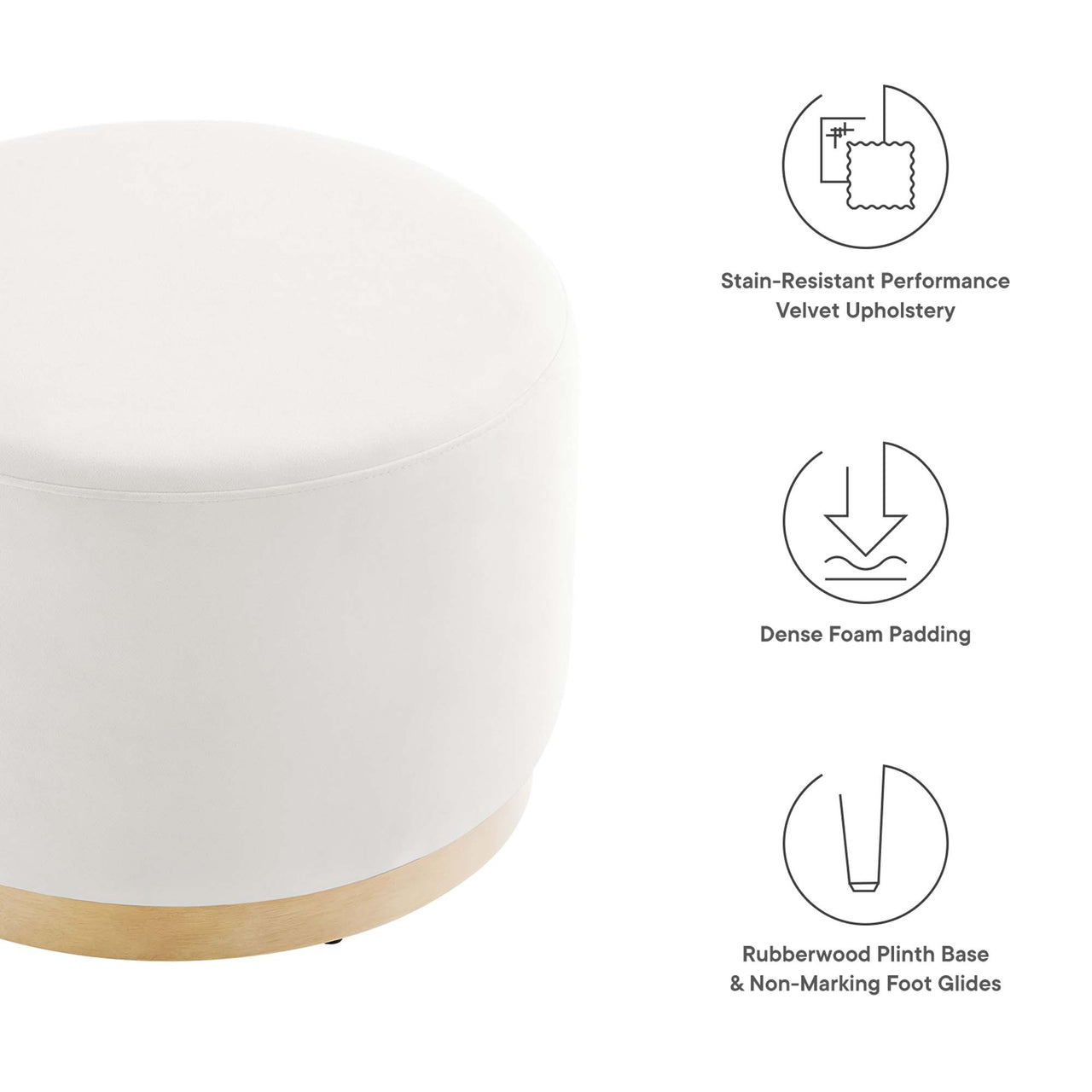 Ardena Round Velvet Ottoman, Small, Chalk & Cream