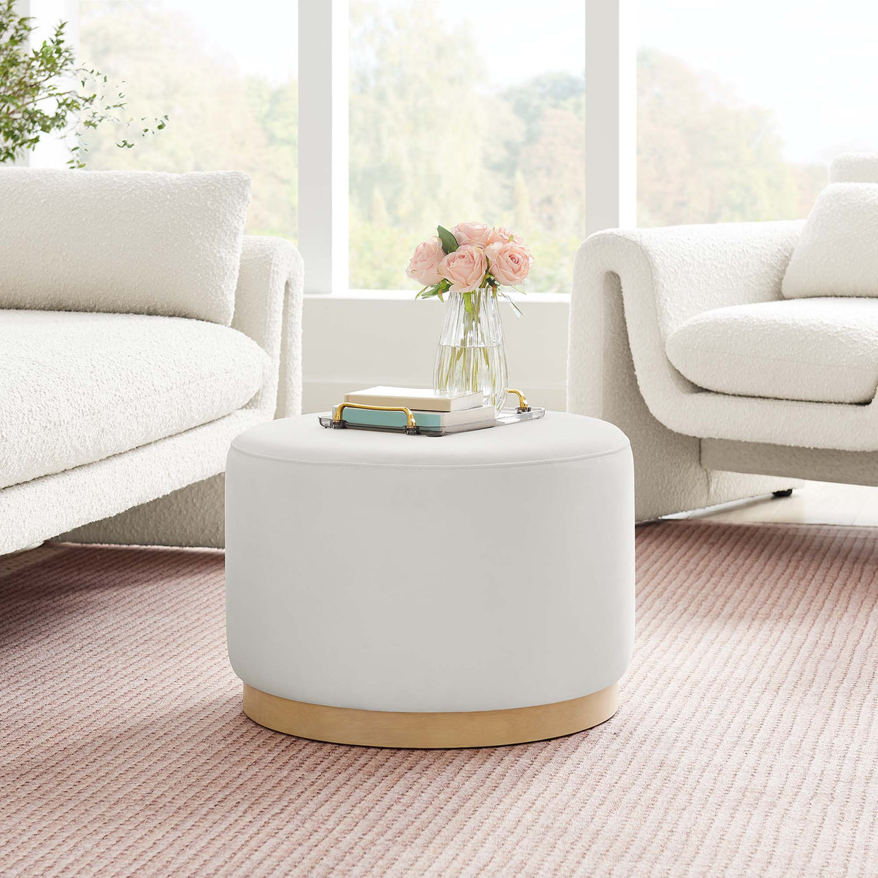 Ardena Round Velvet Ottoman, Small, Chalk & Cream
