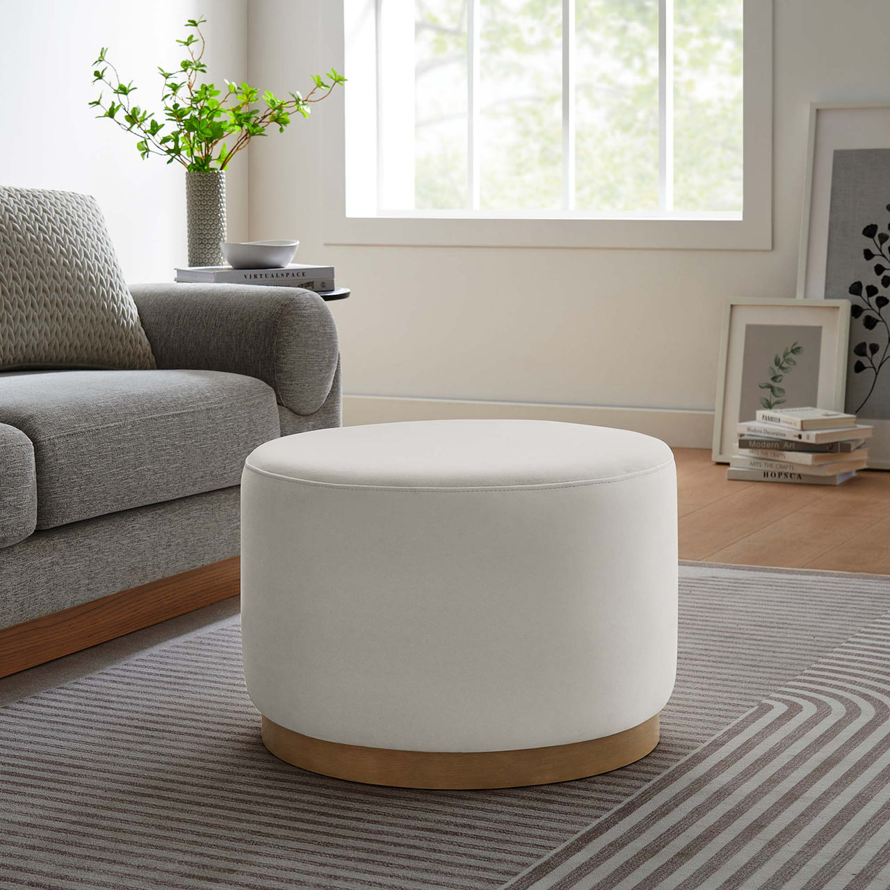 Ardena Round Velvet Ottoman, Small, Chalk & Cream