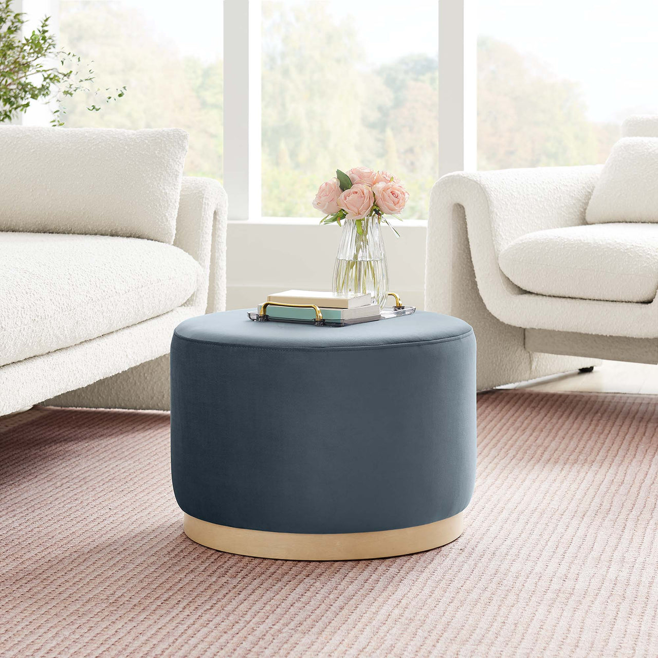 Ardena Round Velvet Ottoman, Small, Slate & Cream