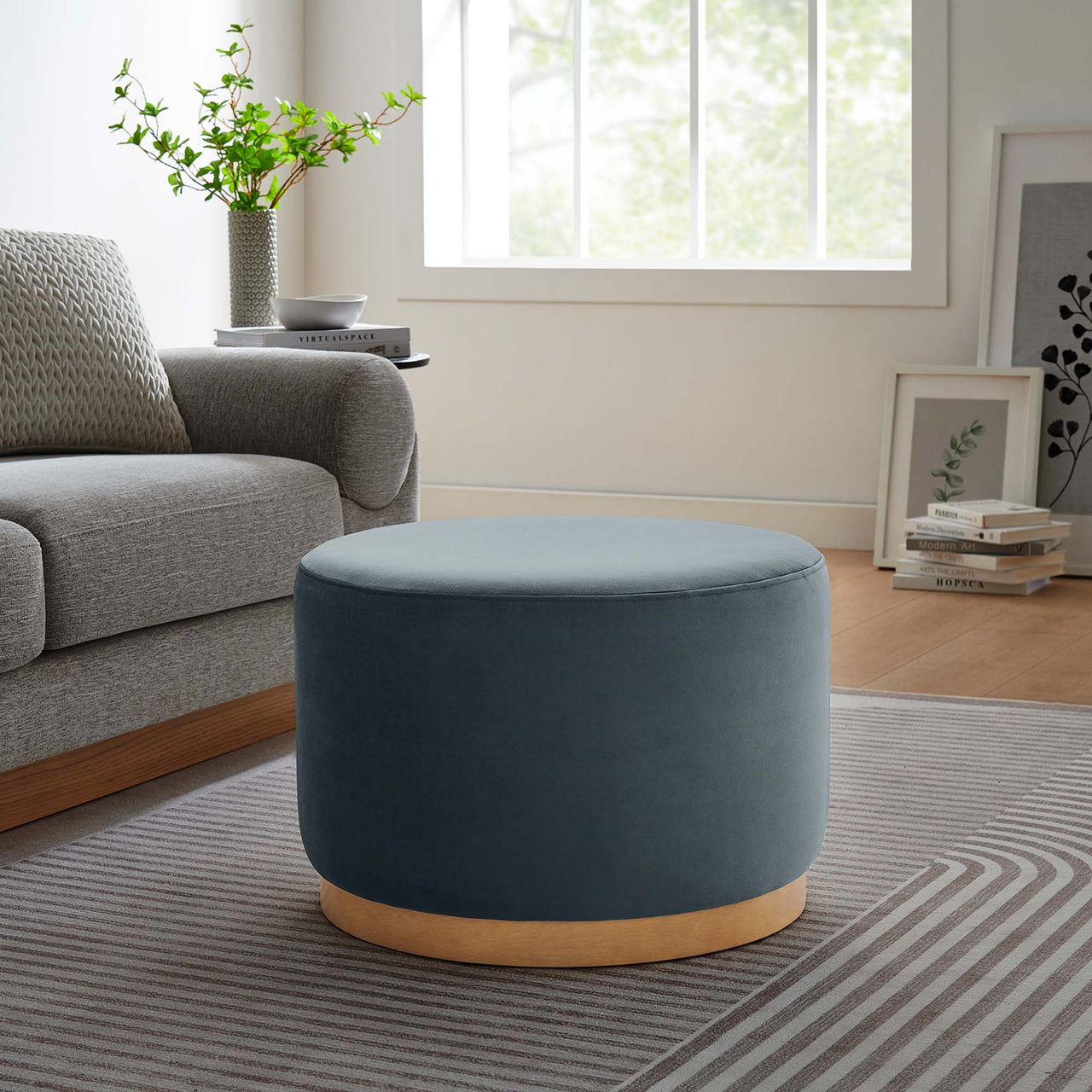 Ardena Round Velvet Ottoman, Small, Slate & Cream