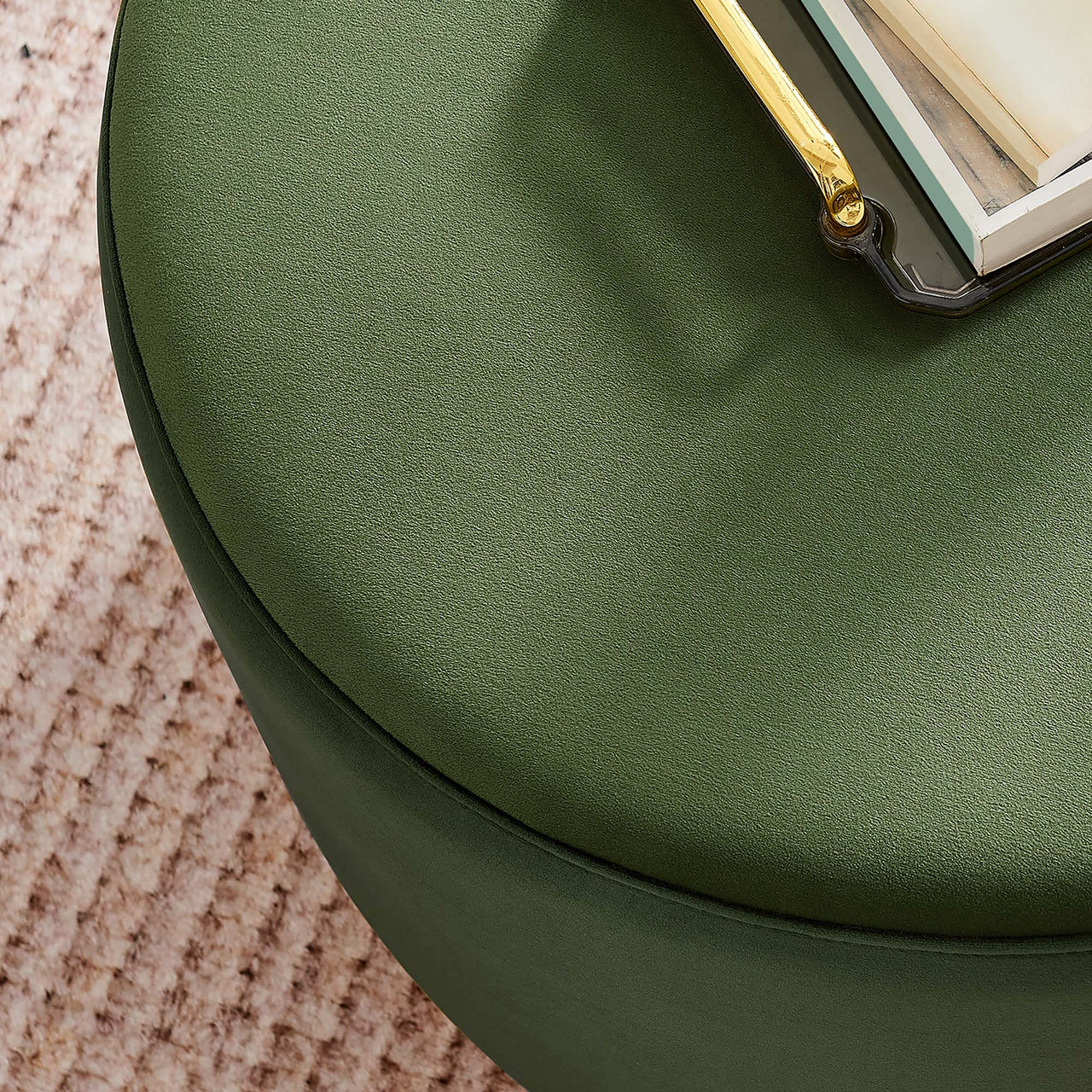Ardena Round Velvet Ottoman, Small, Basil & Cream