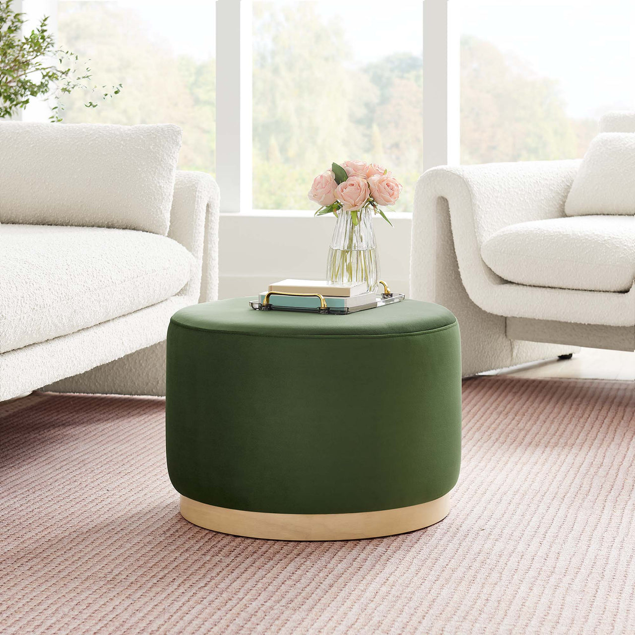 Ardena Round Velvet Ottoman, Small, Basil & Cream