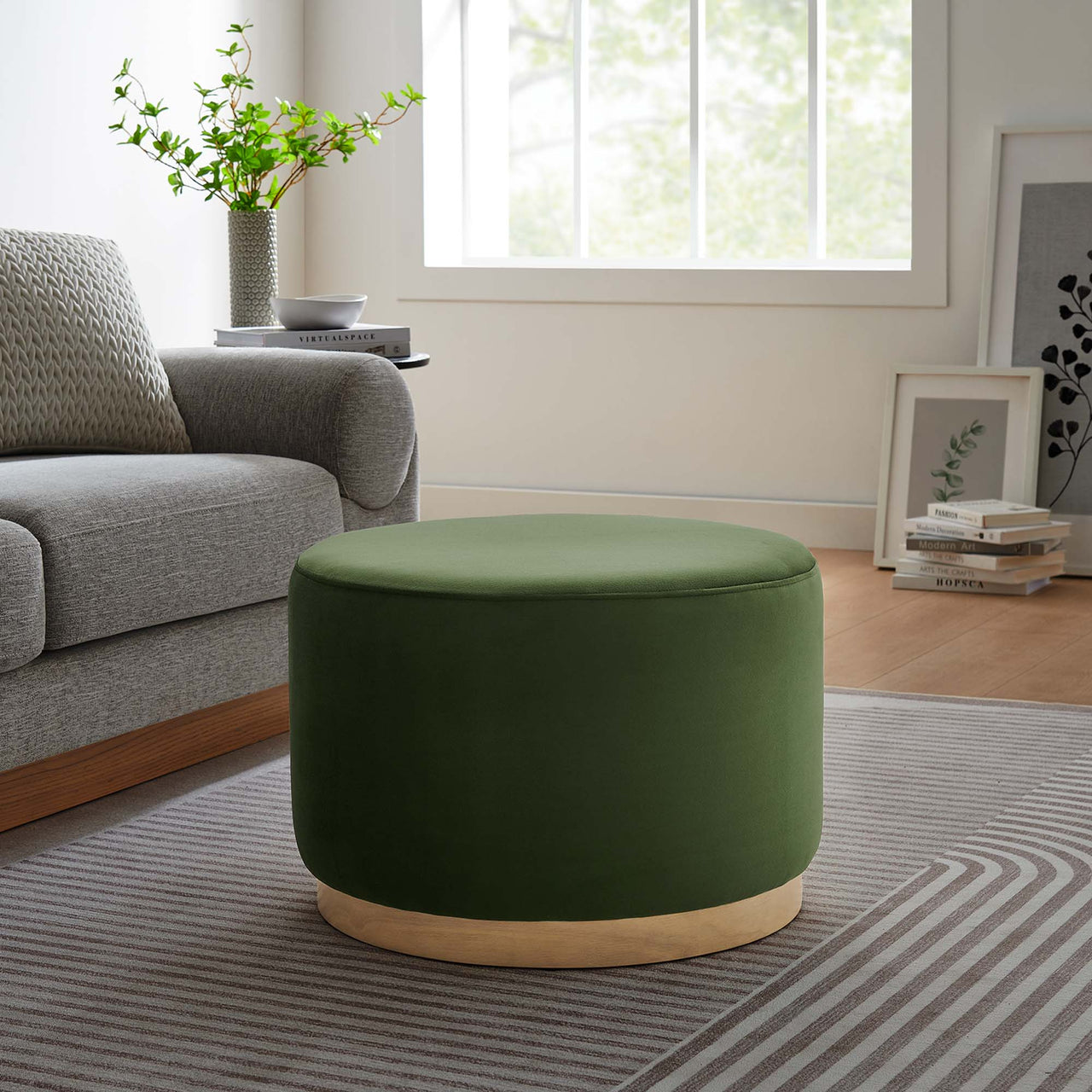 Ardena Round Velvet Ottoman, Small, Basil & Cream