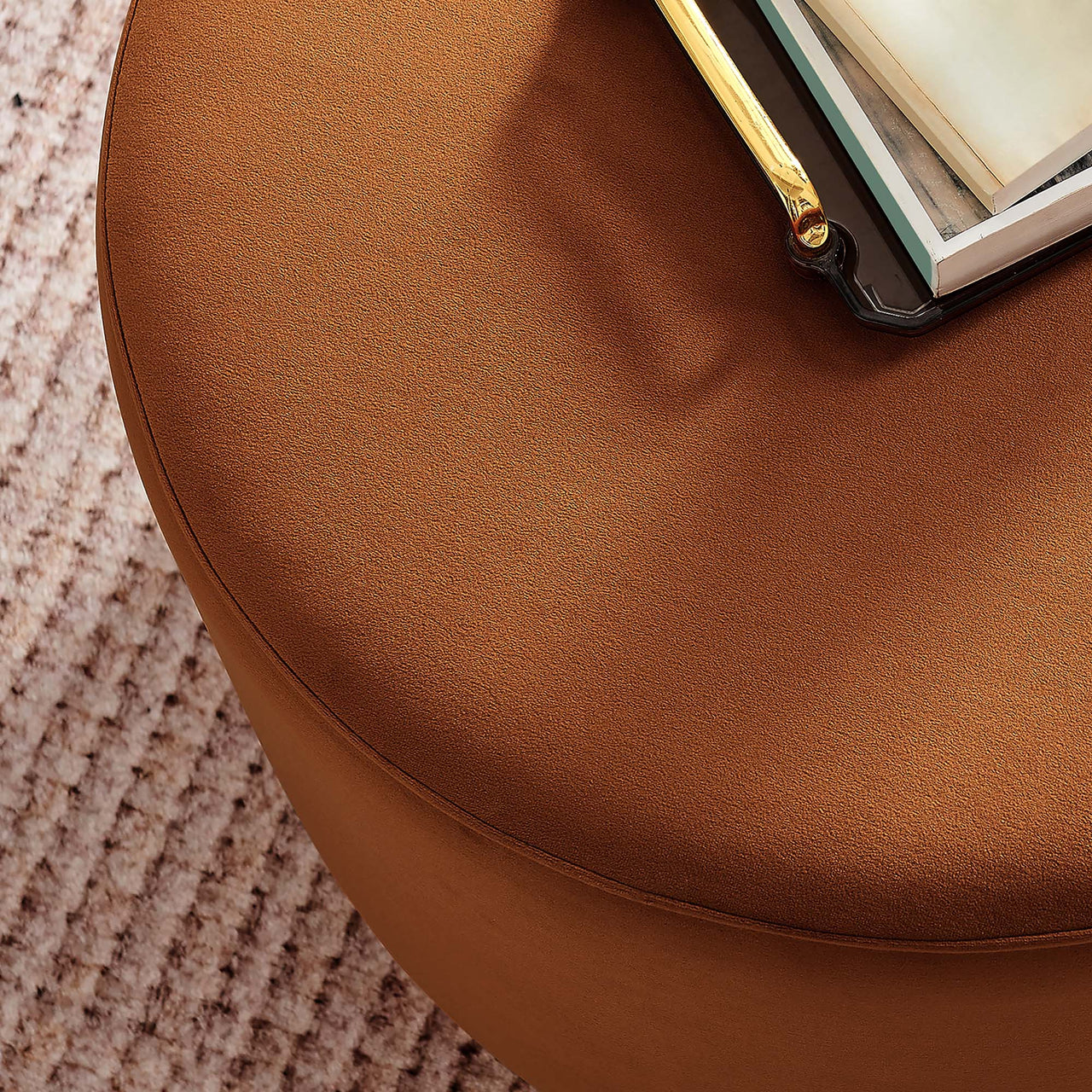 Ardena Round Velvet Ottoman, Small, Terracotta & Cream