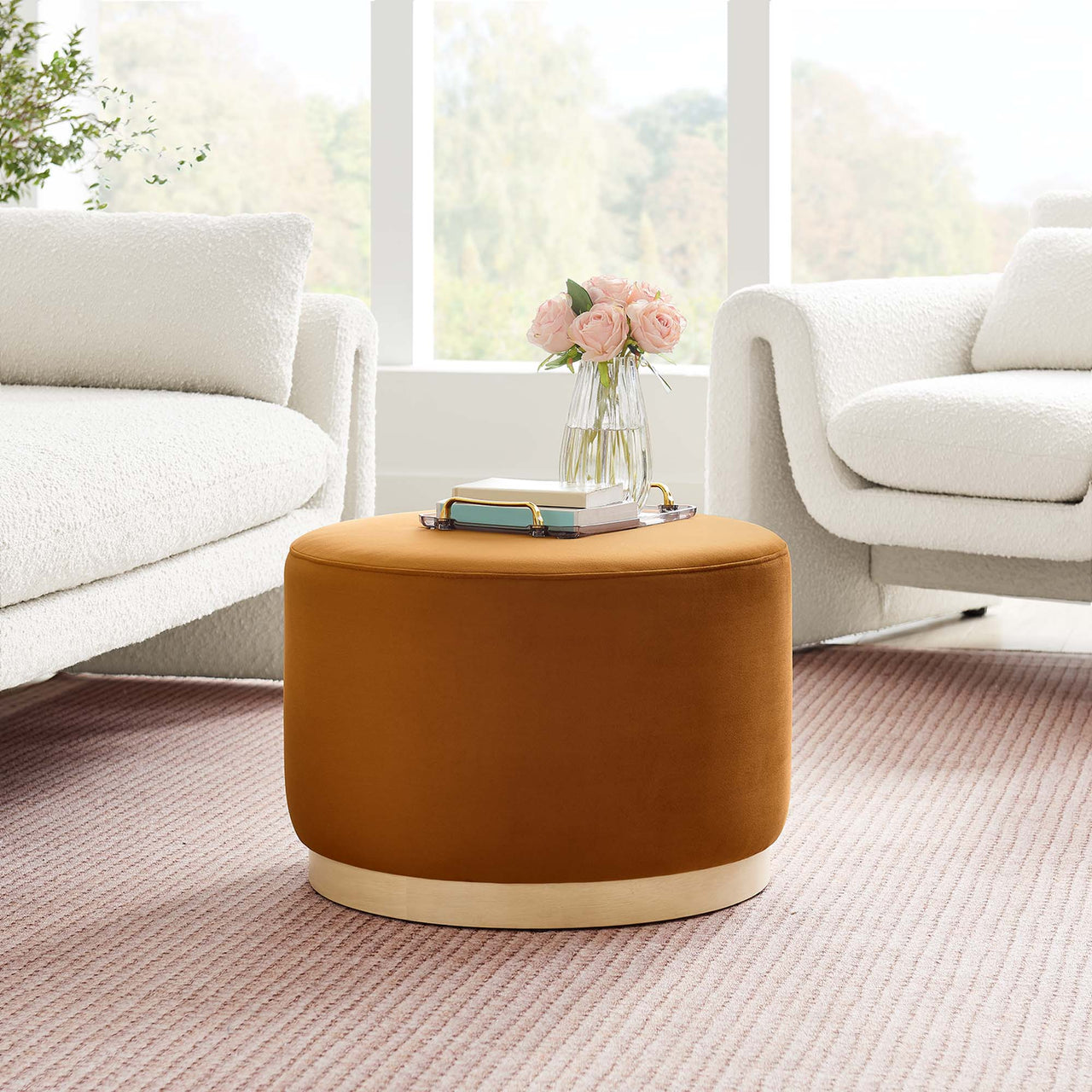 Ardena Round Velvet Ottoman, Small, Terracotta & Cream