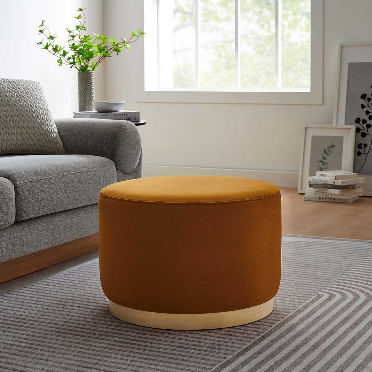 Ardena Round Velvet Ottoman, Small, Terracotta & Cream