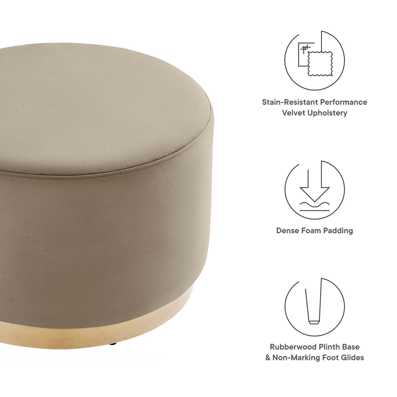 Ardena Round Velvet Ottoman, Small, Taupe & Cream